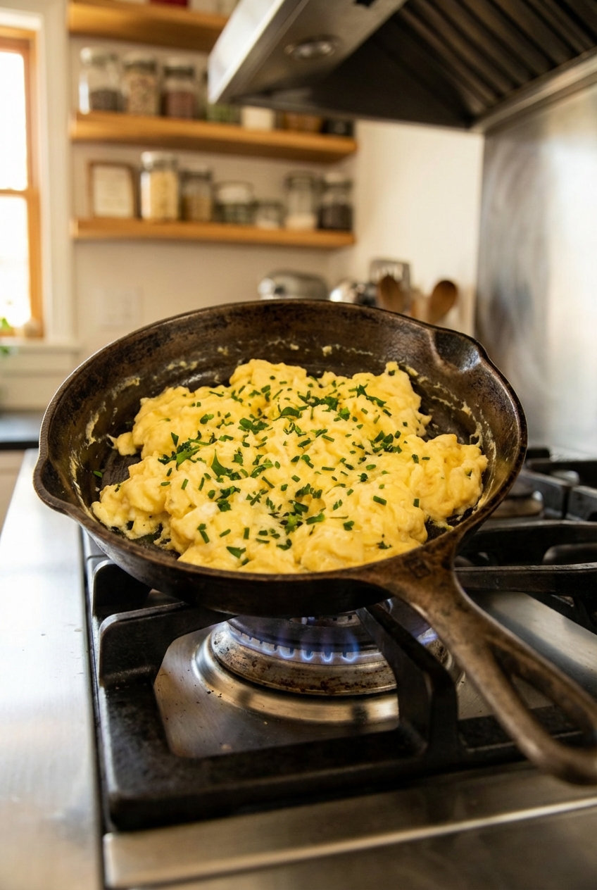 A real photograph of fluffy scrambled eggs with herbs in a small skillet on a stovetop