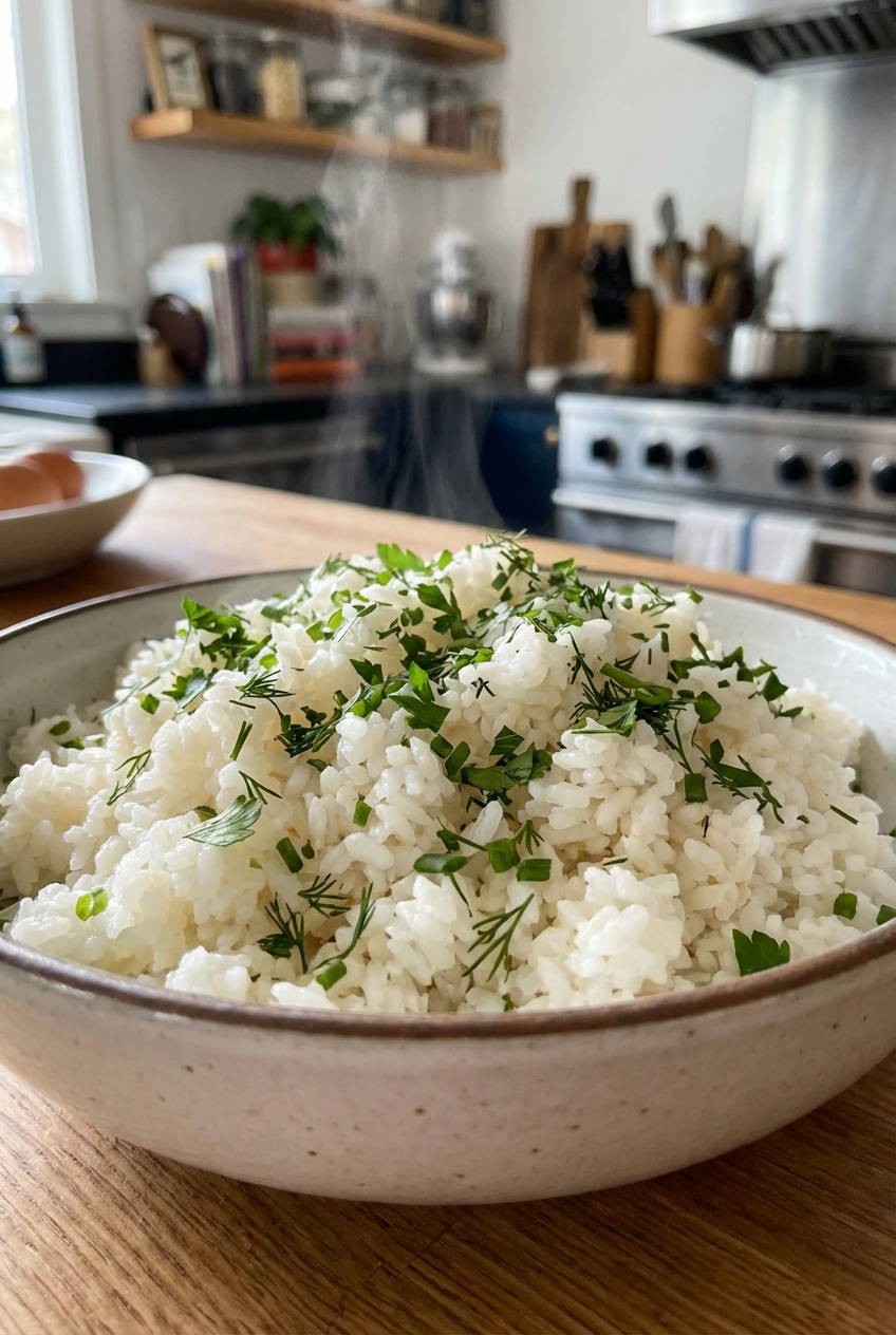A real photograph of fluffy white rice in a bowl with chopped herbs