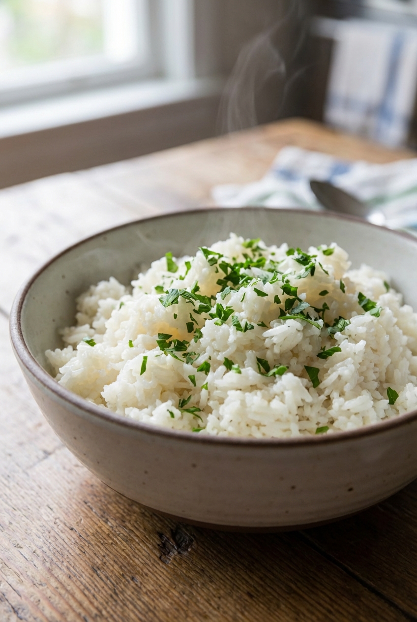 A real photograph of fluffy white rice in a bowl with chopped parsley scattered on top