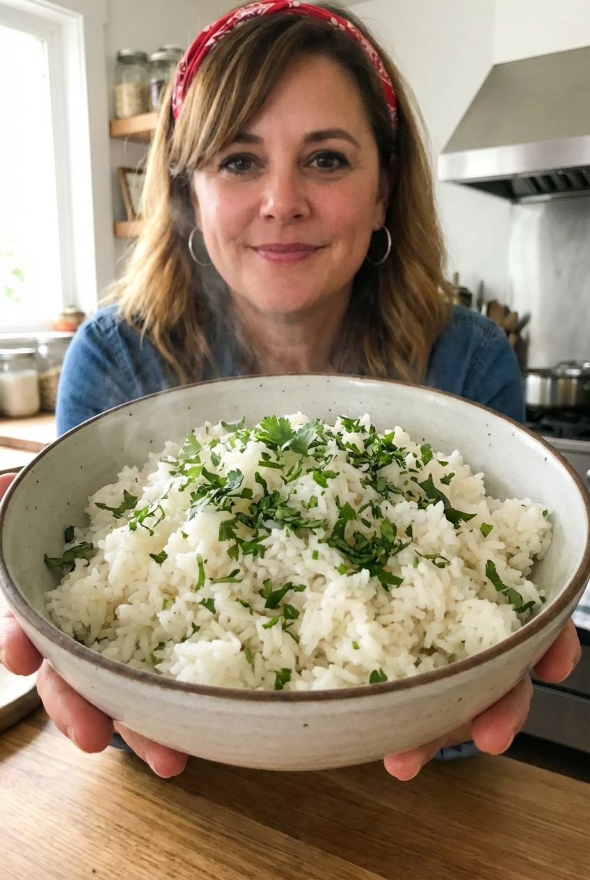 A real photograph of fluffy white rice in a bowl with chopped herbs