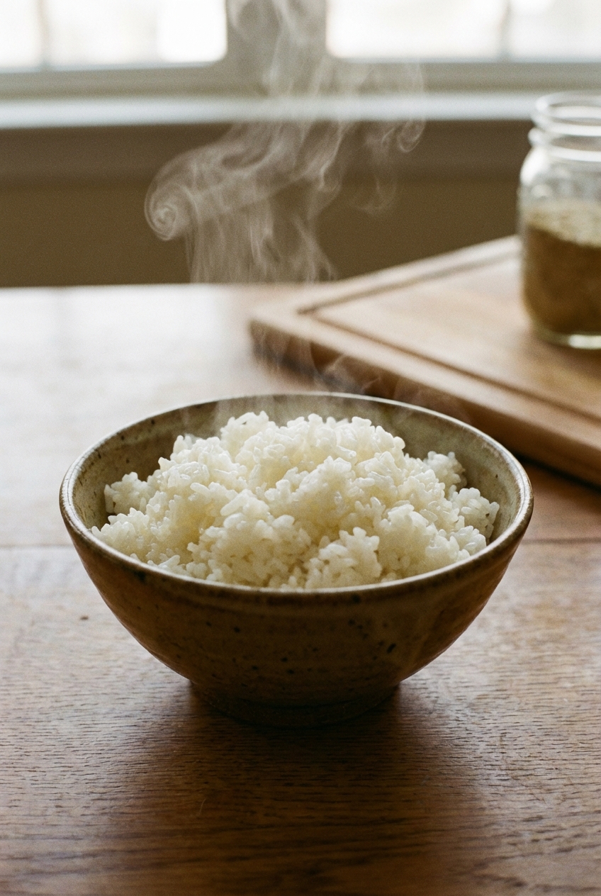 A real photograph of fluffy white rice in a simple ceramic bowl with steam rising