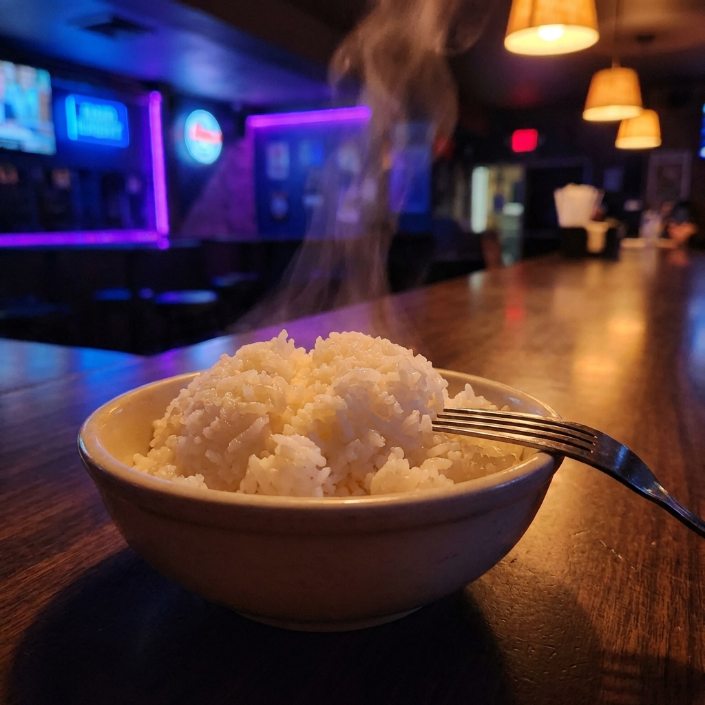 A real photograph of fluffy white rice in a small bowl with a fork resting on the rim