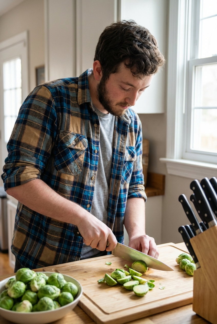 A real photograph of fresh Brussels sprouts being halved on a wooden cutting board with a chef's knife