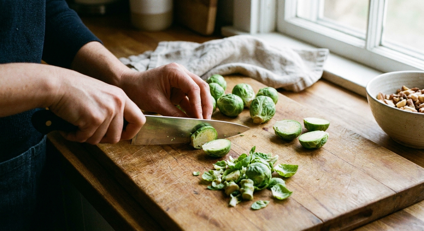 A real photograph of fresh Brussels sprouts being trimmed and halved on a wooden cutting board with a chef's knife and a small pile of loose leaves nearby