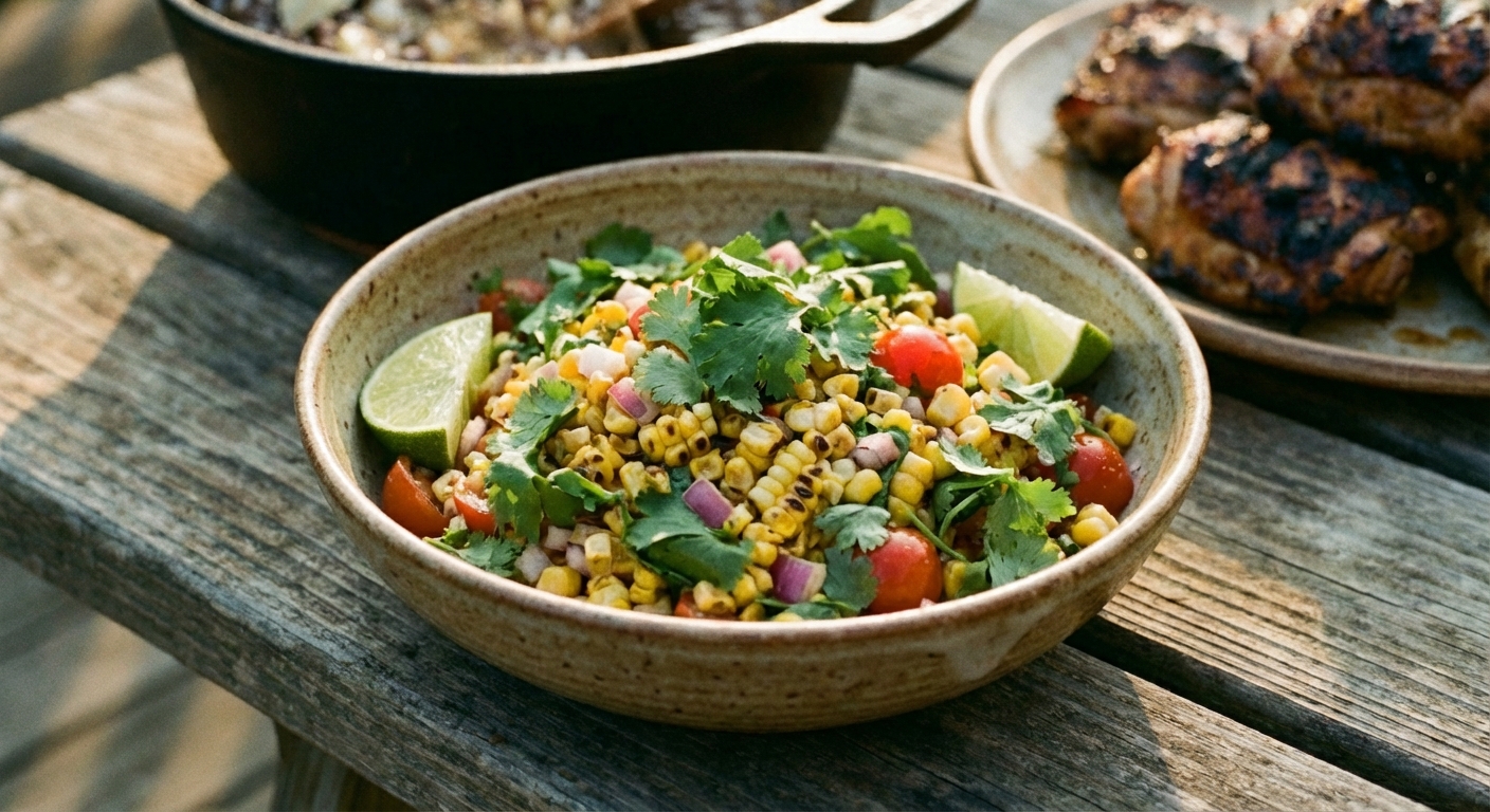 A real photograph of fresh corn salad with cilantro and lime in a bowl
