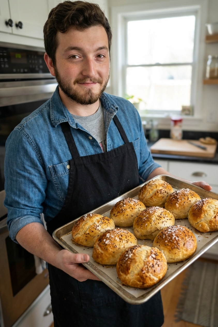 A real photograph of fresh kummelweck rolls on a baking sheet, topped with flaky kosher salt and caraway seeds, golden and crusty