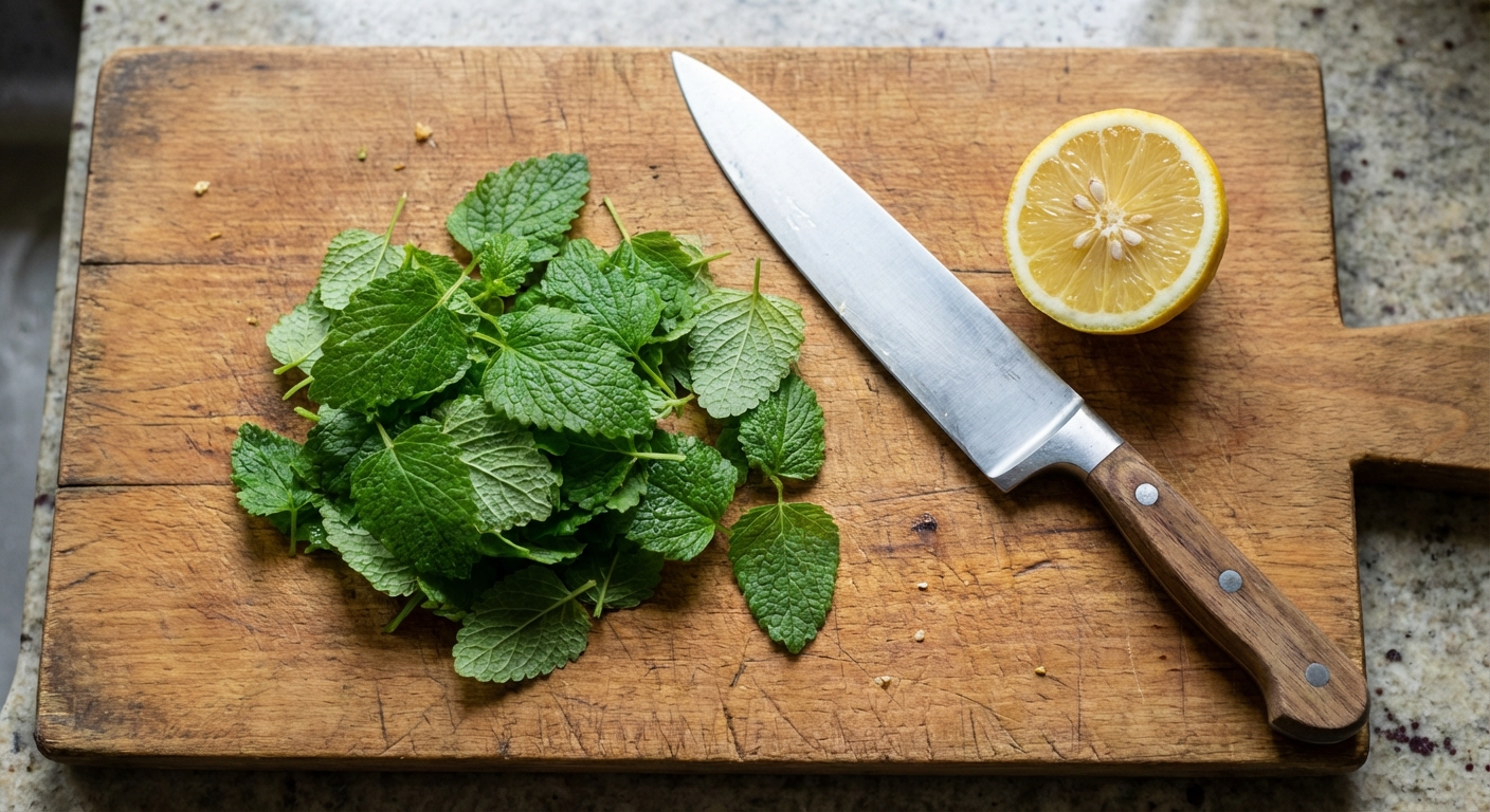 A real photograph of fresh lemon balm leaves on a wooden cutting board with a chef's knife and a halved lemon