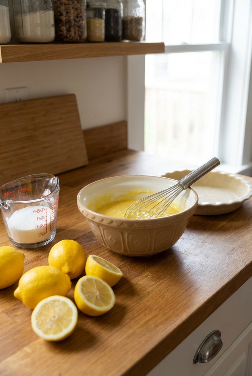 A real photograph of fresh lemons, a whisk, and a mixing bowl on a kitchen counter, ready for making lemon pie filling