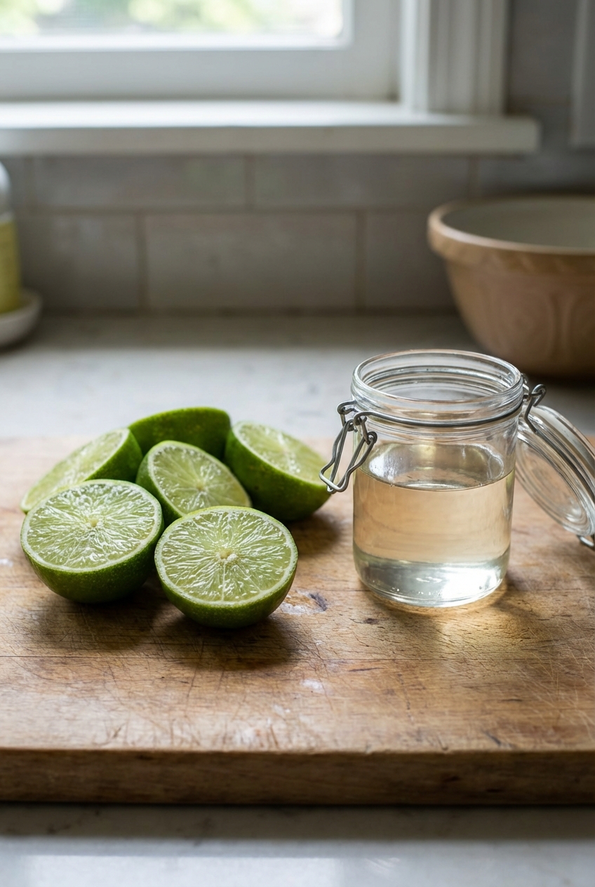 A real photograph of fresh limes cut in half next to a small glass jar of simple syrup on a cutting board