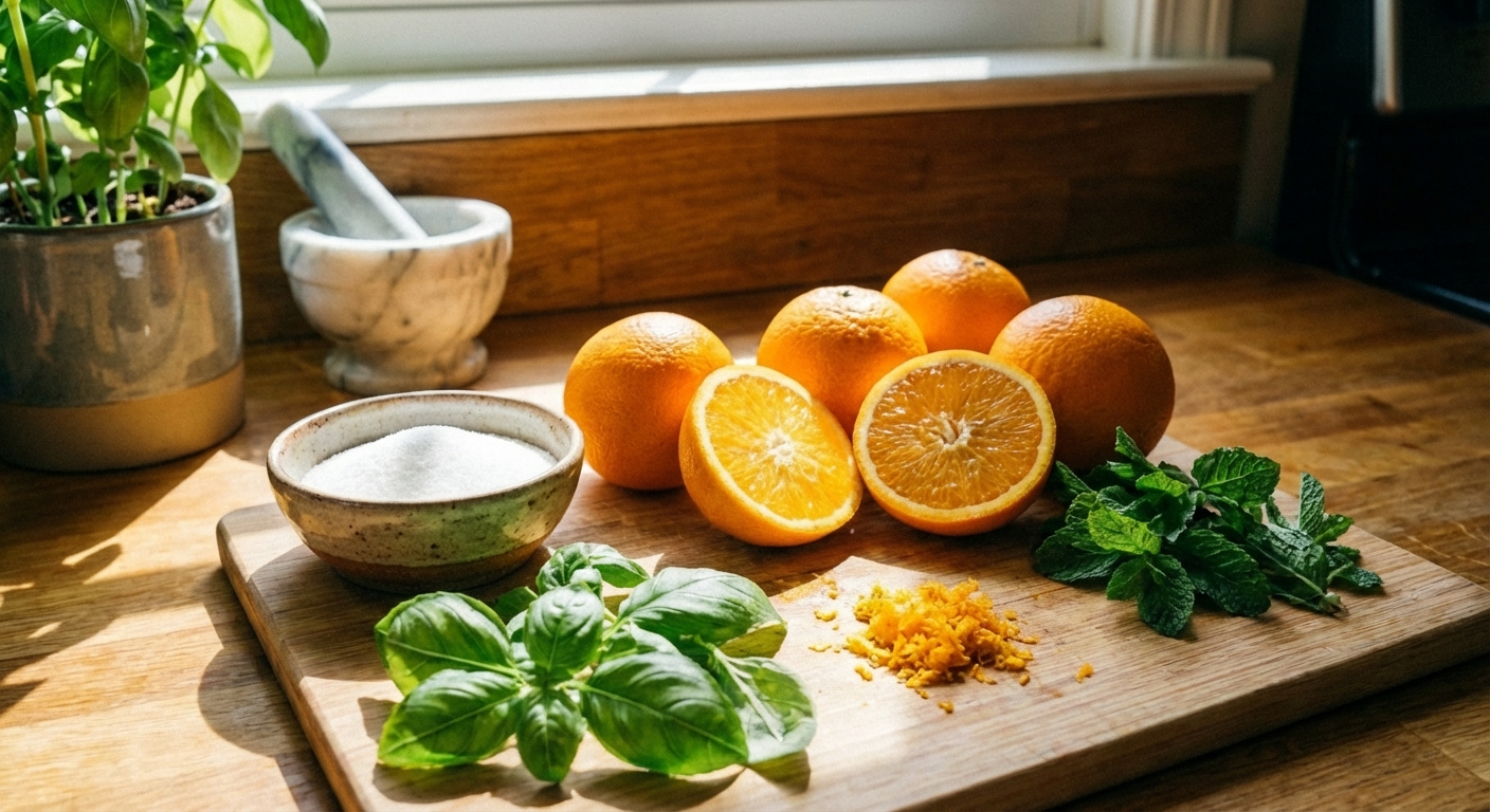 A real photograph of fresh oranges, a small bowl of sugar, and a handful of herbs like basil and mint laid out on a cutting board