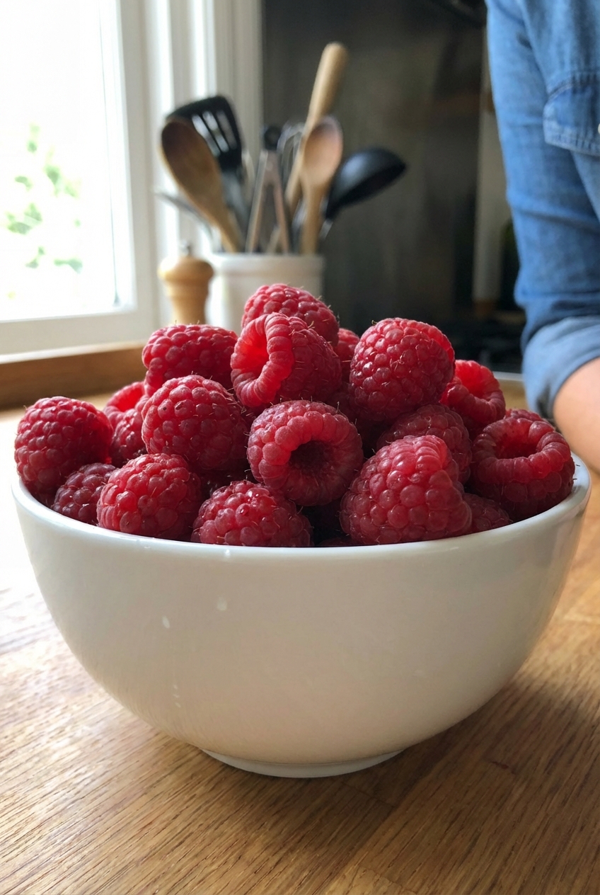 A real photograph of fresh raspberries in a white bowl