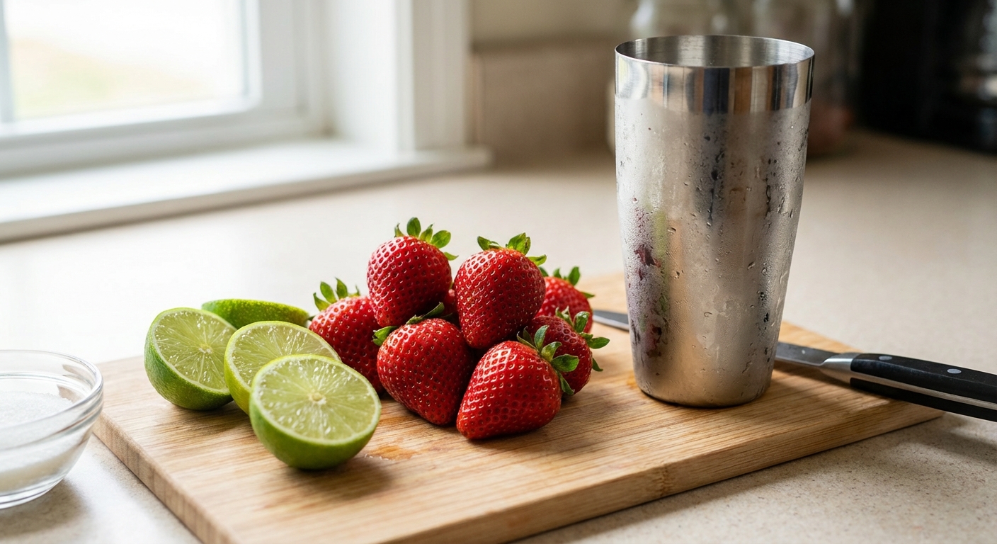 A real photograph of fresh strawberries and halved limes on a cutting board next to a cocktail shaker