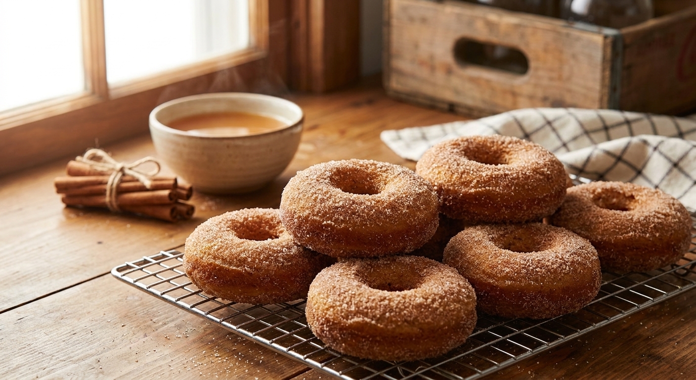 A real photograph of freshly baked apple cider donuts piled on a cooling rack, coated in cinnamon sugar, with a small bowl of apple cider and cinnamon sticks in the background, warm natural kitchen light