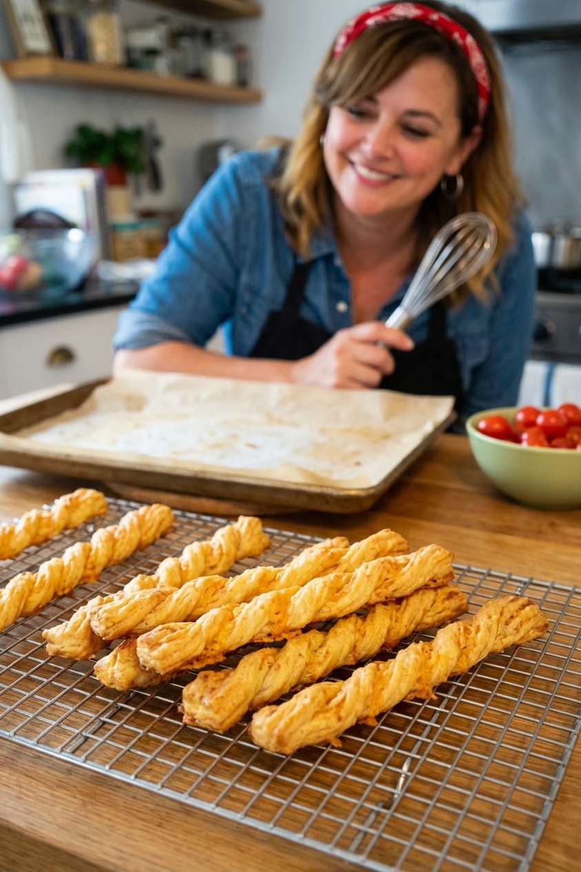 A real photograph of freshly baked cheese straws cooling on a wire rack, golden and ridged, with a parchment-lined baking sheet in the background
