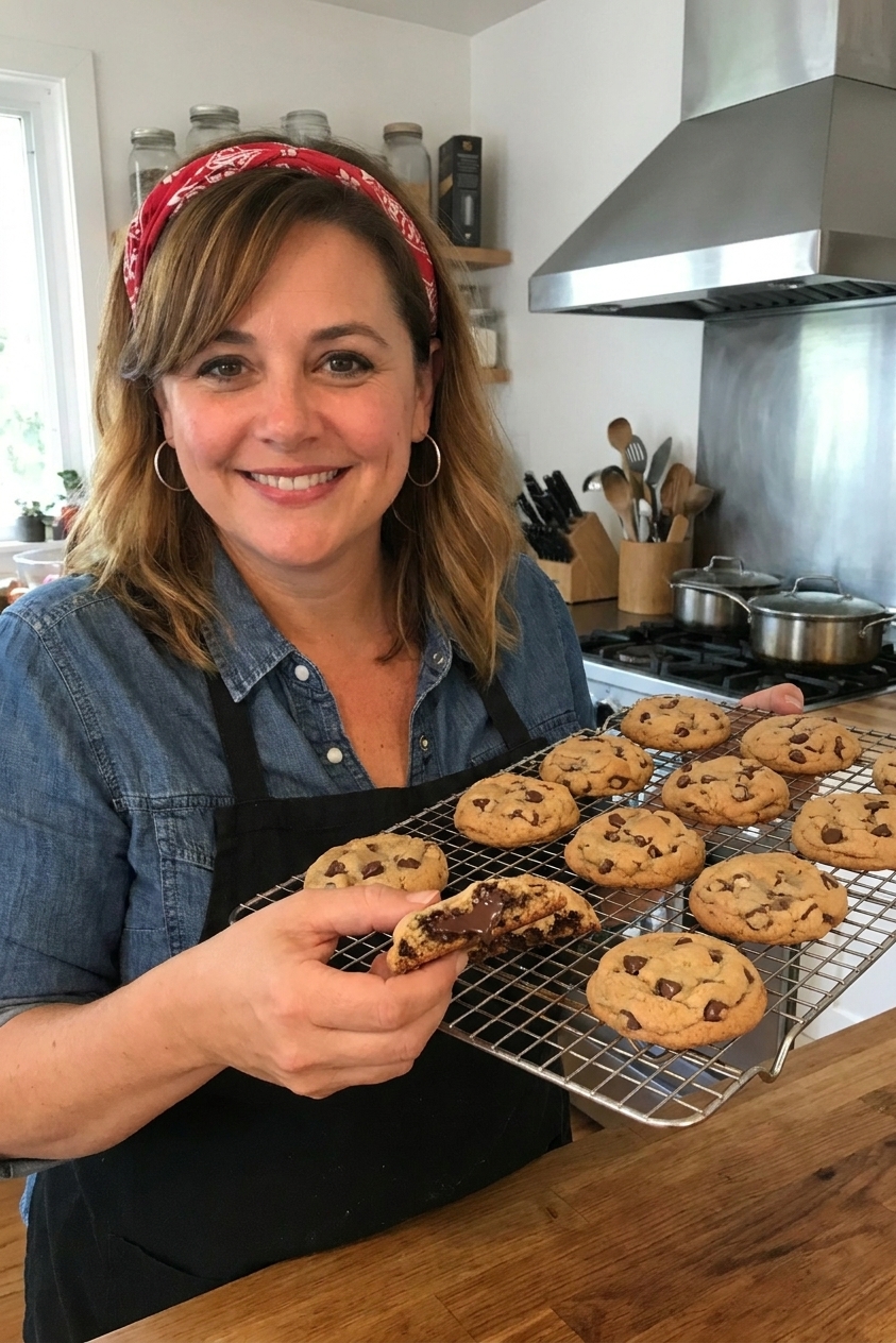 A real photograph of freshly baked chocolate chip cookies cooling on a wire rack with one cookie broken open to show a chewy center