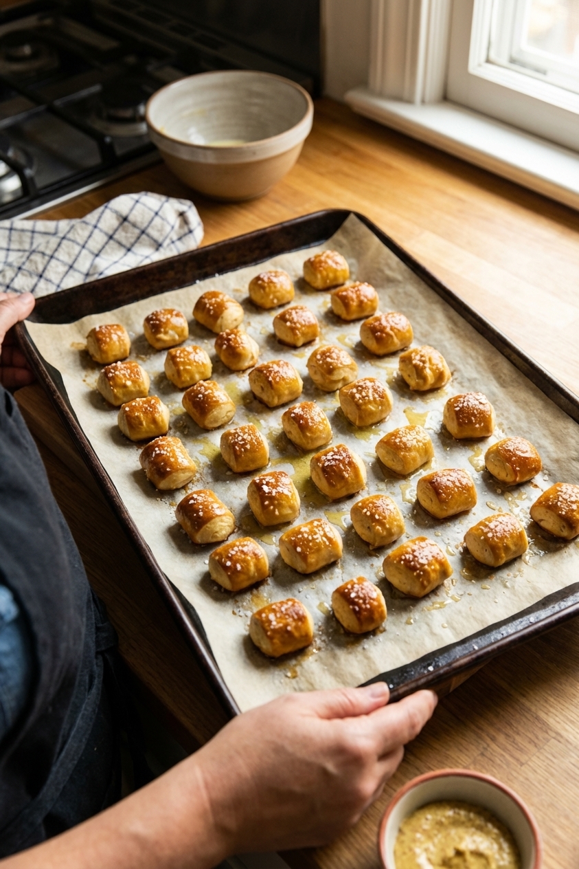 A real photograph of freshly baked pretzel bites on a parchment-lined baking sheet, golden and slightly glossy with coarse salt, photographed from a slight overhead angle in a home kitchen