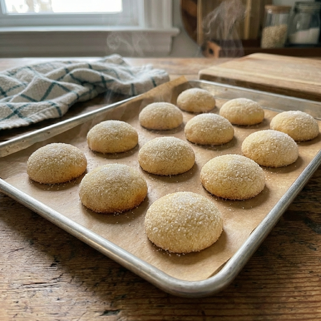 A real photograph of freshly baked sugar cookies on a parchment lined baking sheet with lightly golden edges just out of the oven
