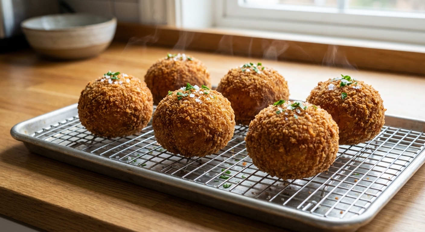 A real photograph of freshly cooked Scotch eggs cooling on a wire rack over a sheet pan, with a golden crunchy breadcrumb coating