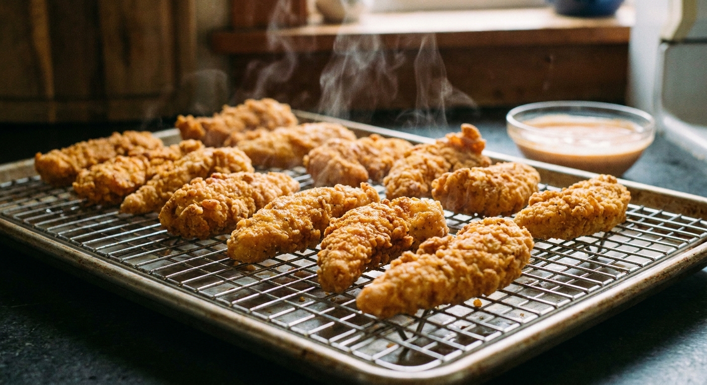 A real photograph of freshly fried chicken fingers resting on a wire rack over a sheet pan, with visible steam and a crunchy golden coating
