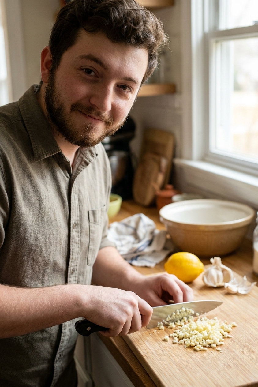 A real photograph of freshly minced garlic on a wooden cutting board with a chef's knife and a lemon in the background, home kitchen scene