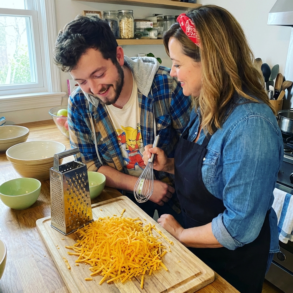 A real photograph of freshly shredded sharp cheddar cheese on a cutting board next to a box grater