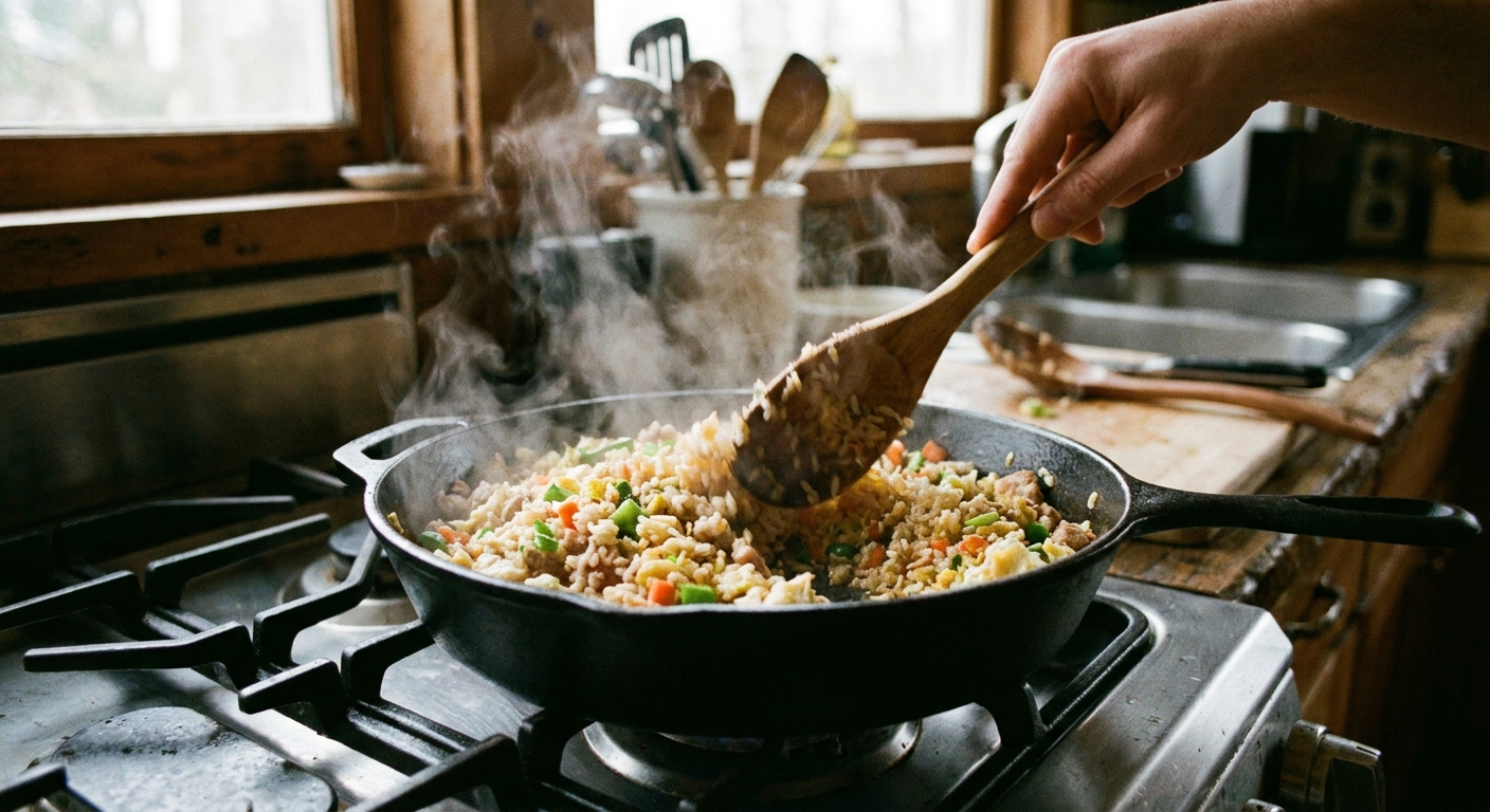 A real photograph of fried rice being stirred in a skillet on a stovetop with a wooden spoon