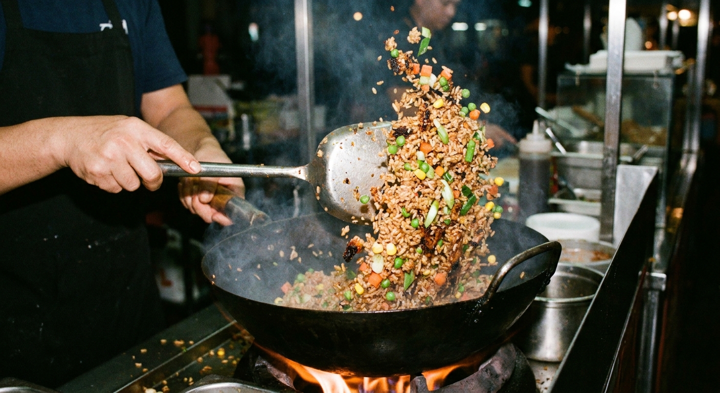 A real photograph of fried rice being tossed in a wok with a spatula, showing browned rice grains and bright vegetables