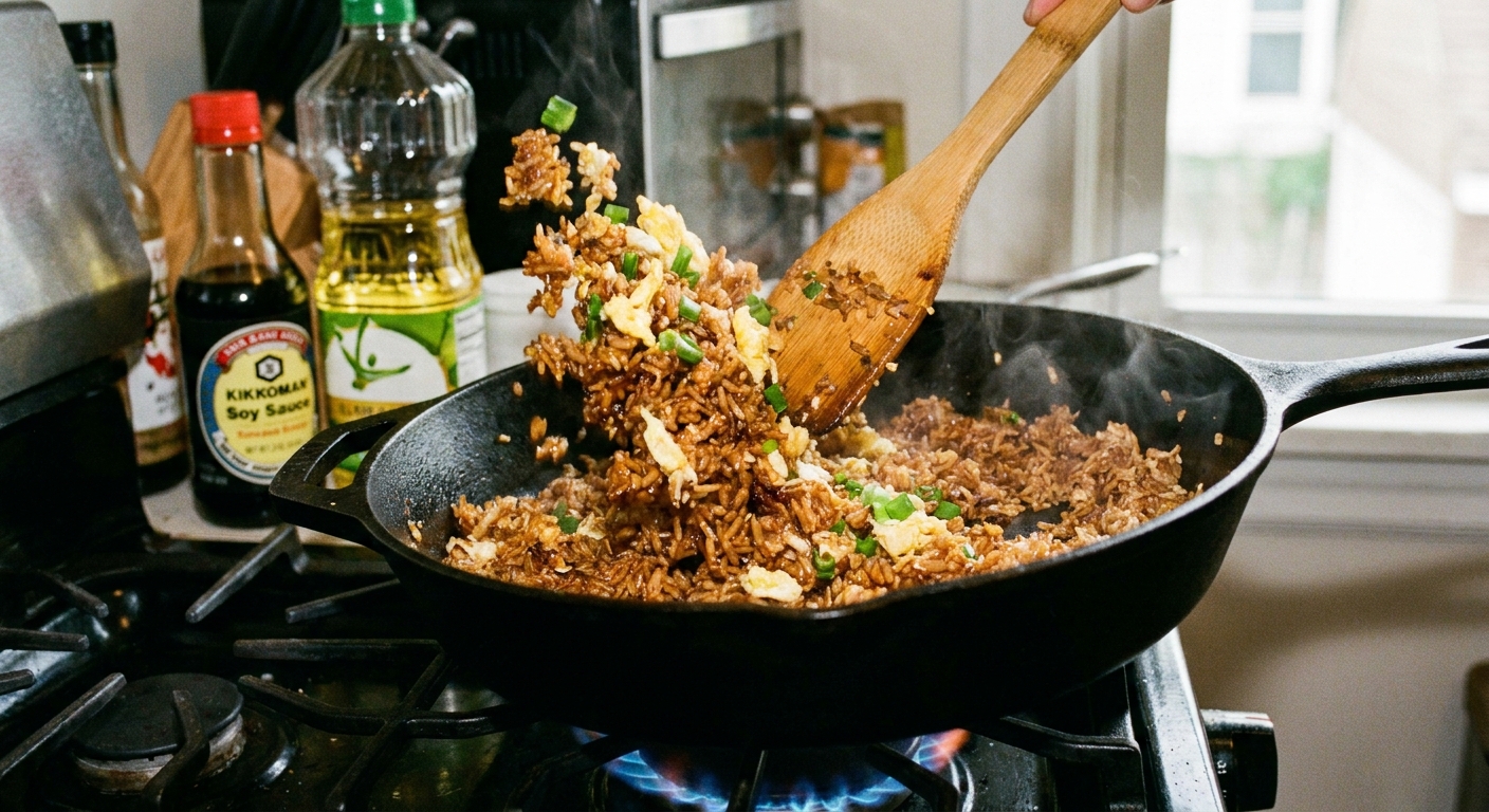 A real photograph of fried rice in a large skillet with a spatula mid-stir, showing browned rice, scrambled egg, and green onions