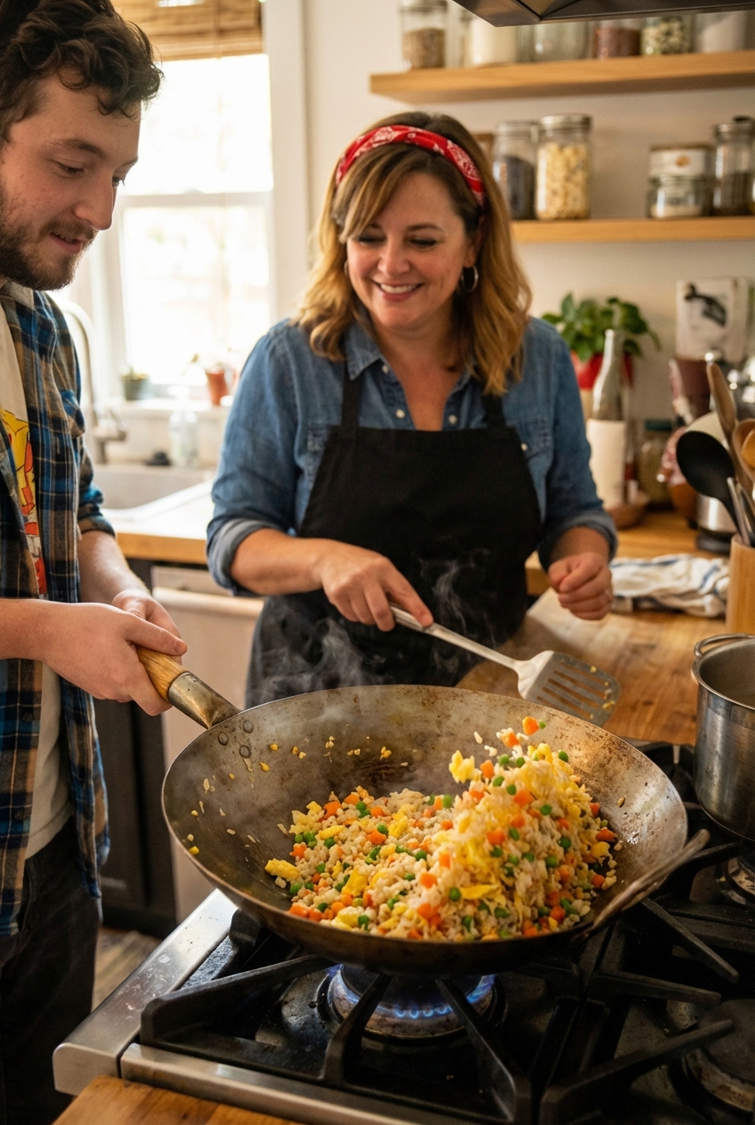 A real photograph of fried rice in a wok with peas, carrots, and scrambled egg
