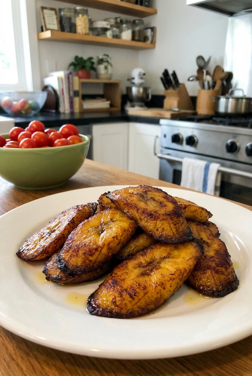 A real photograph of fried ripe plantains on a plate with caramelized edges
