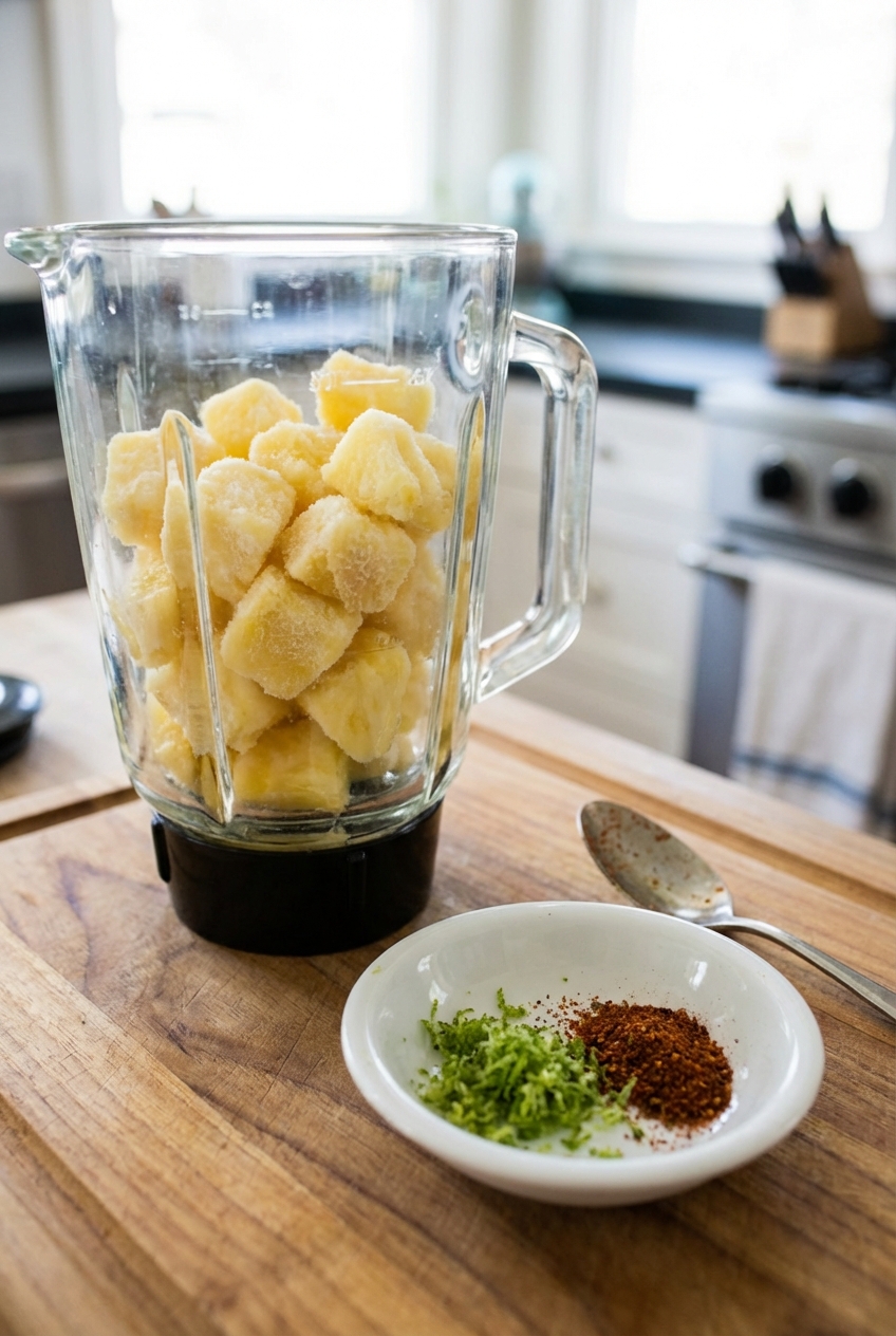 A real photograph of frozen pineapple chunks in a blender jar with a small bowl of lime zest and chili powder beside it on a cutting board