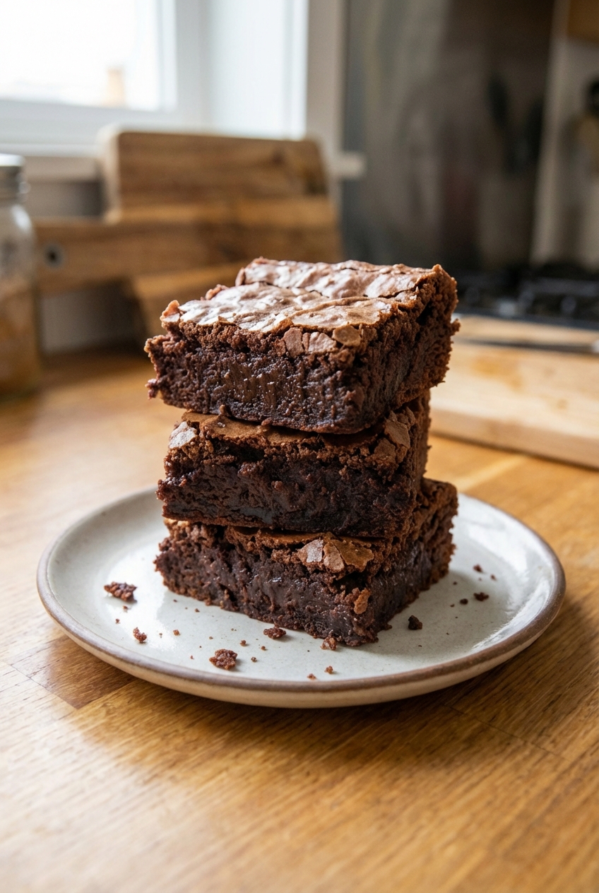 A real photograph of fudgy brownies stacked on a small plate with chocolate crumbs on the table