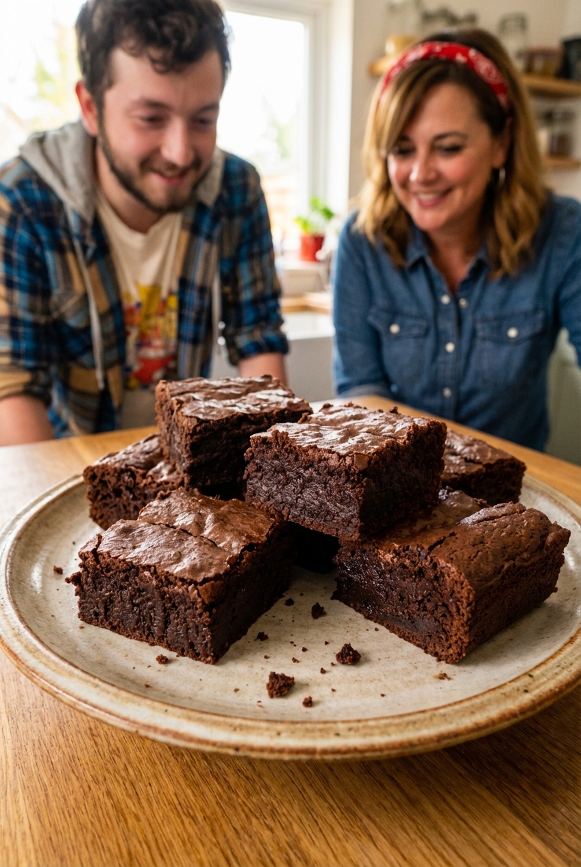A real photograph of fudgy chocolate brownie squares on a plate with a few crumbs scattered