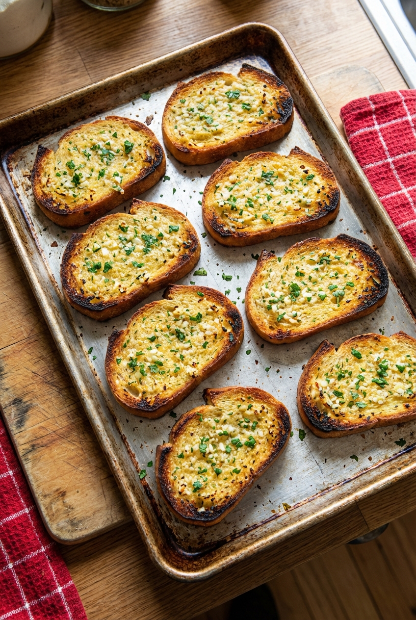 A real photograph of garlic bread slices on a baking sheet with browned edges