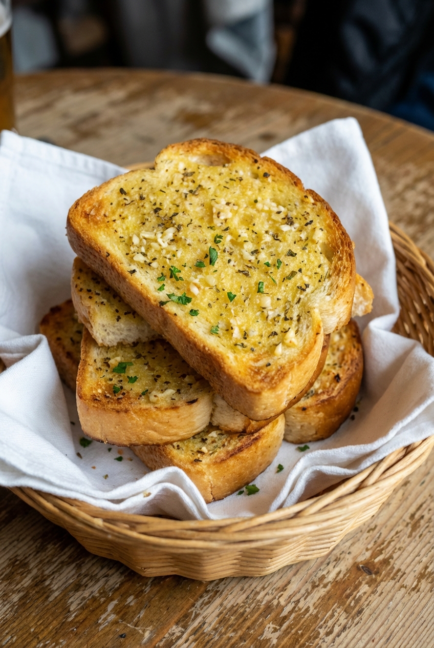 A real photograph of garlic bread slices toasted and stacked in a basket lined with a napkin