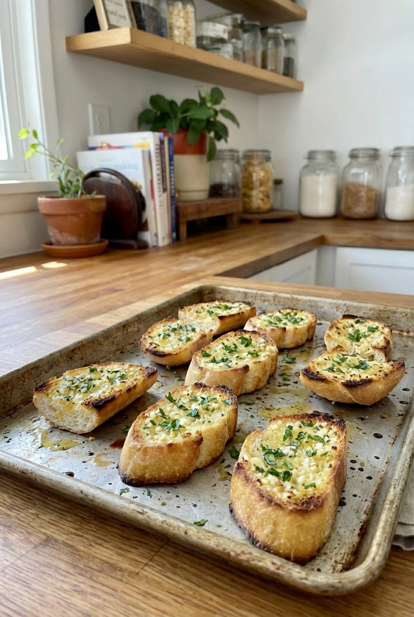 A real photograph of garlic bread slices with melted butter and parsley on a baking tray, golden and crisp