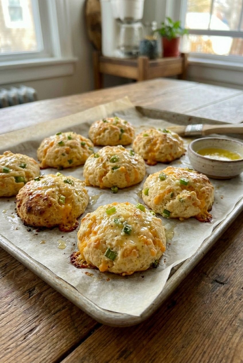 A real photograph of garlic cheddar biscuits on a parchment-lined baking sheet