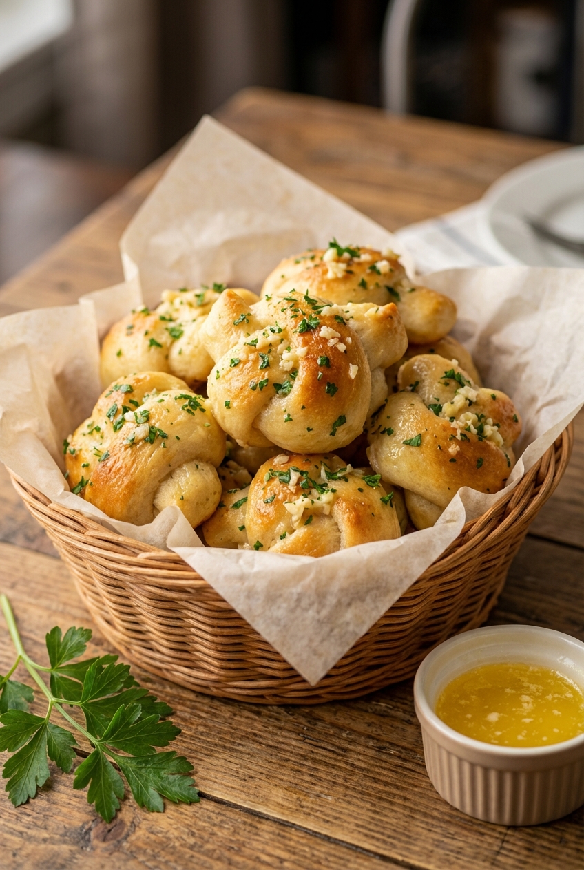 A real photograph of garlic knots in a basket lined with parchment with melted butter and parsley