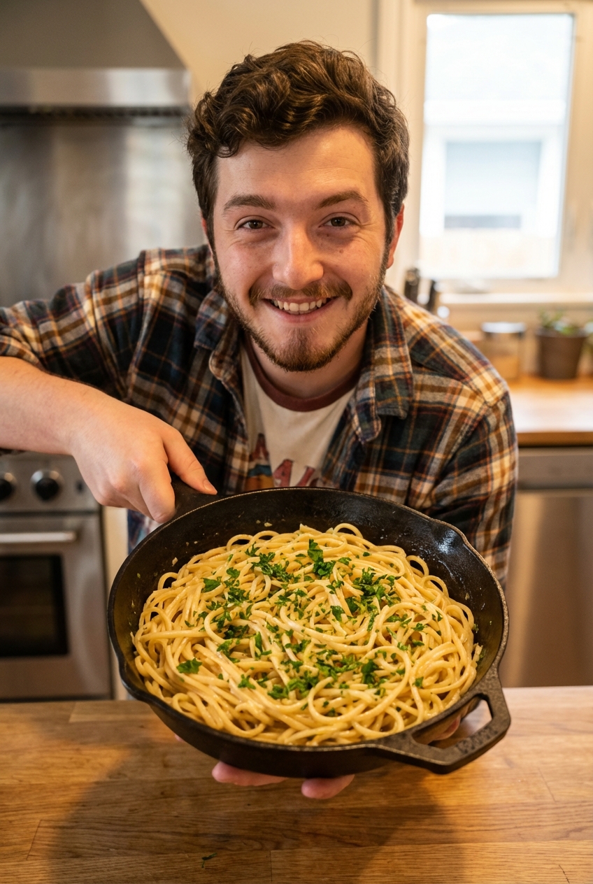 A real photograph of garlic noodles in a skillet with chopped parsley