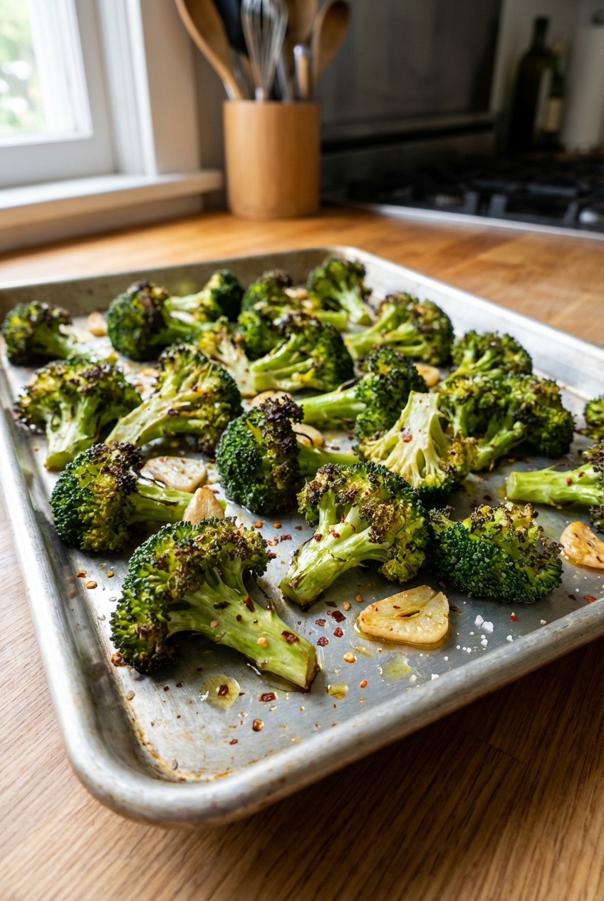A real photograph of garlic roasted broccoli with browned edges on a sheet pan
