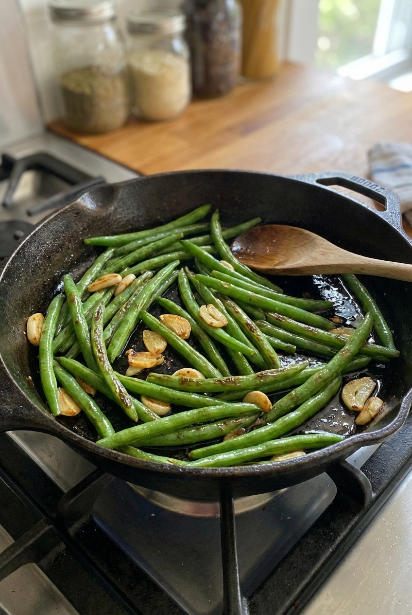 A real photograph of garlic sautéed green beans in a skillet