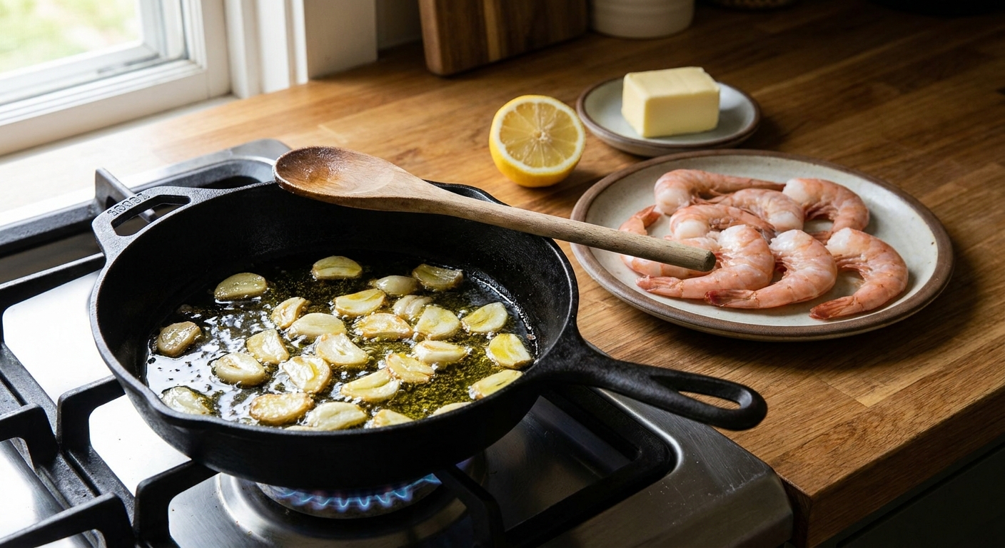 A real photograph of garlic slices sizzling in olive oil in a skillet with shrimp nearby, showing the moment before adding lemon and butter
