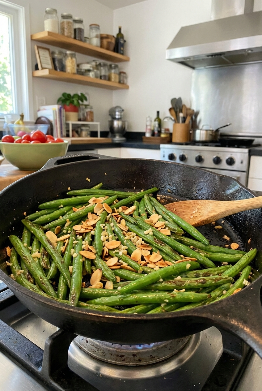 A real photograph of garlicky green beans in a skillet with toasted almonds