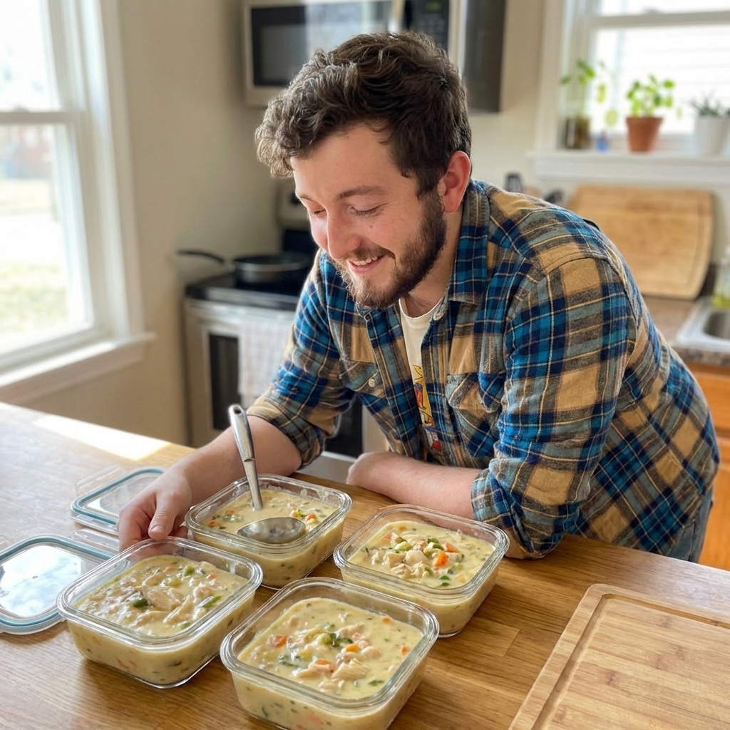 A real photograph of glass meal prep containers filled with creamy chicken soup, lids off, arranged on a kitchen counter with a ladle nearby in natural light