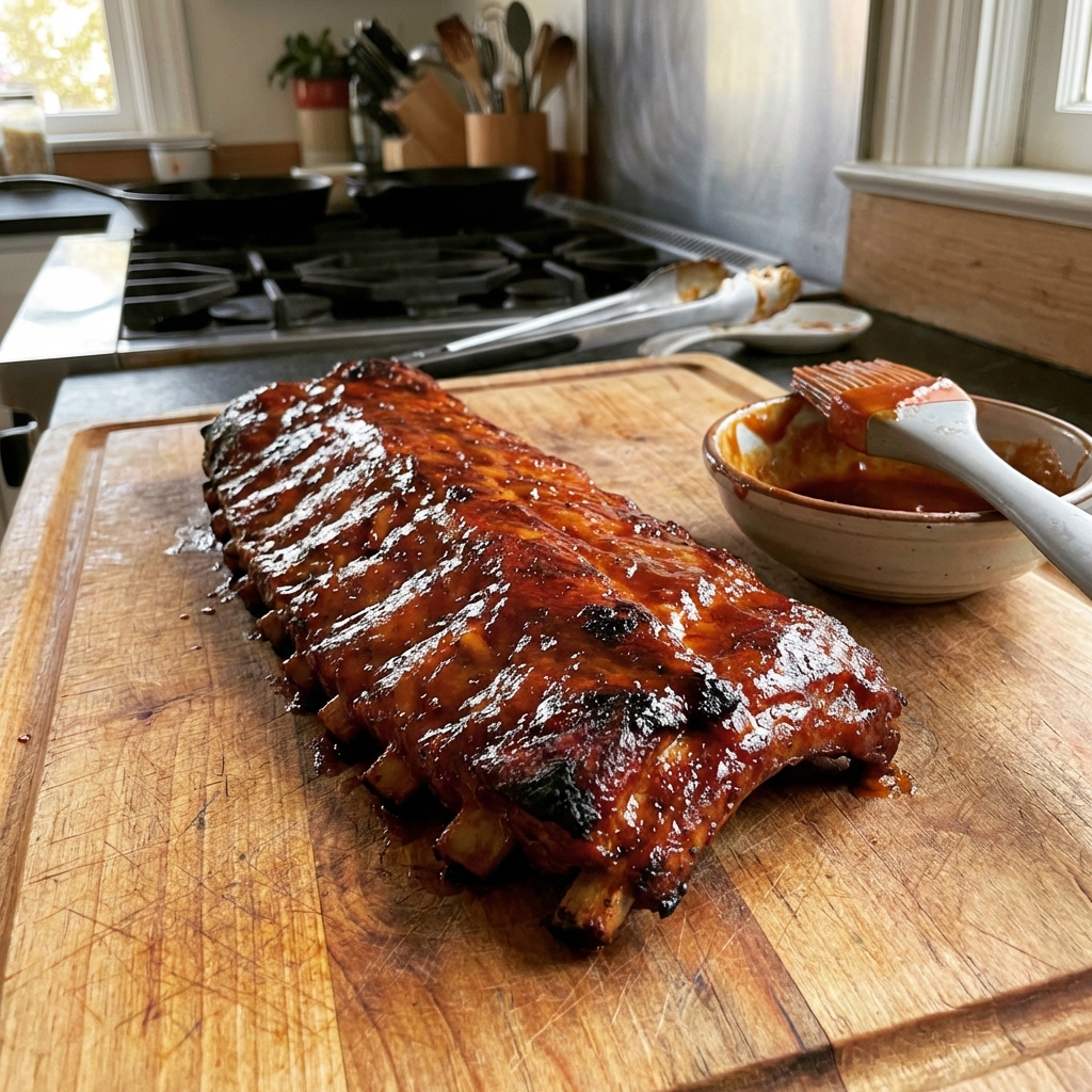 A real photograph of glazed pork ribs resting on a cutting board with a basting brush nearby
