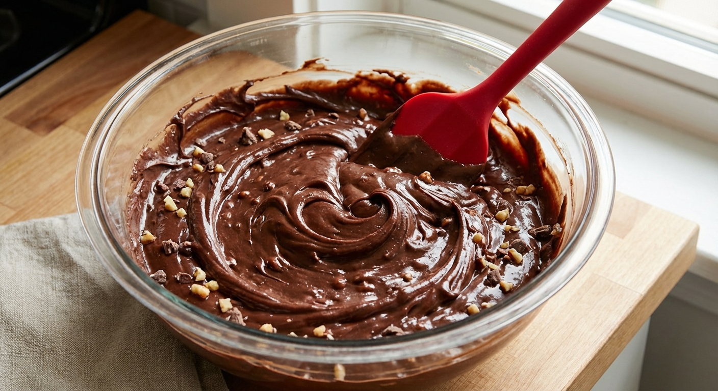 A real photograph of glossy chocolate frosting in a mixing bowl with a rubber spatula, showing a thick swirl and small crunchy pieces throughout