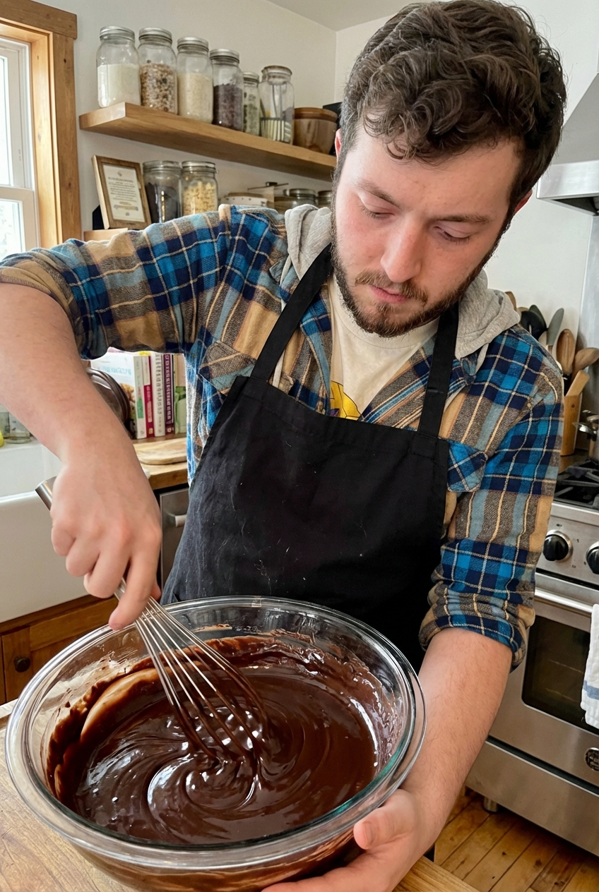 A real photograph of glossy chocolate ganache being whisked in a bowl with a whisk