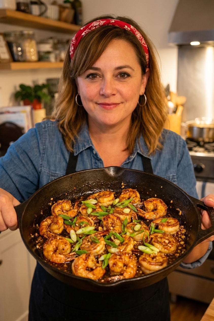 A real photograph of glossy honey garlic shrimp in a cast iron skillet, with browned edges, minced garlic in the sauce, and sliced green onions on top, warm kitchen lighting