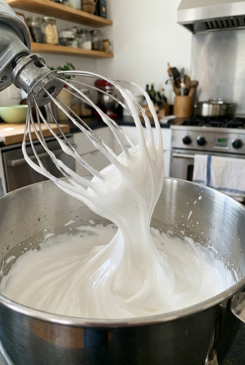 A real photograph of glossy marshmallow mixture being whipped in a stand mixer bowl