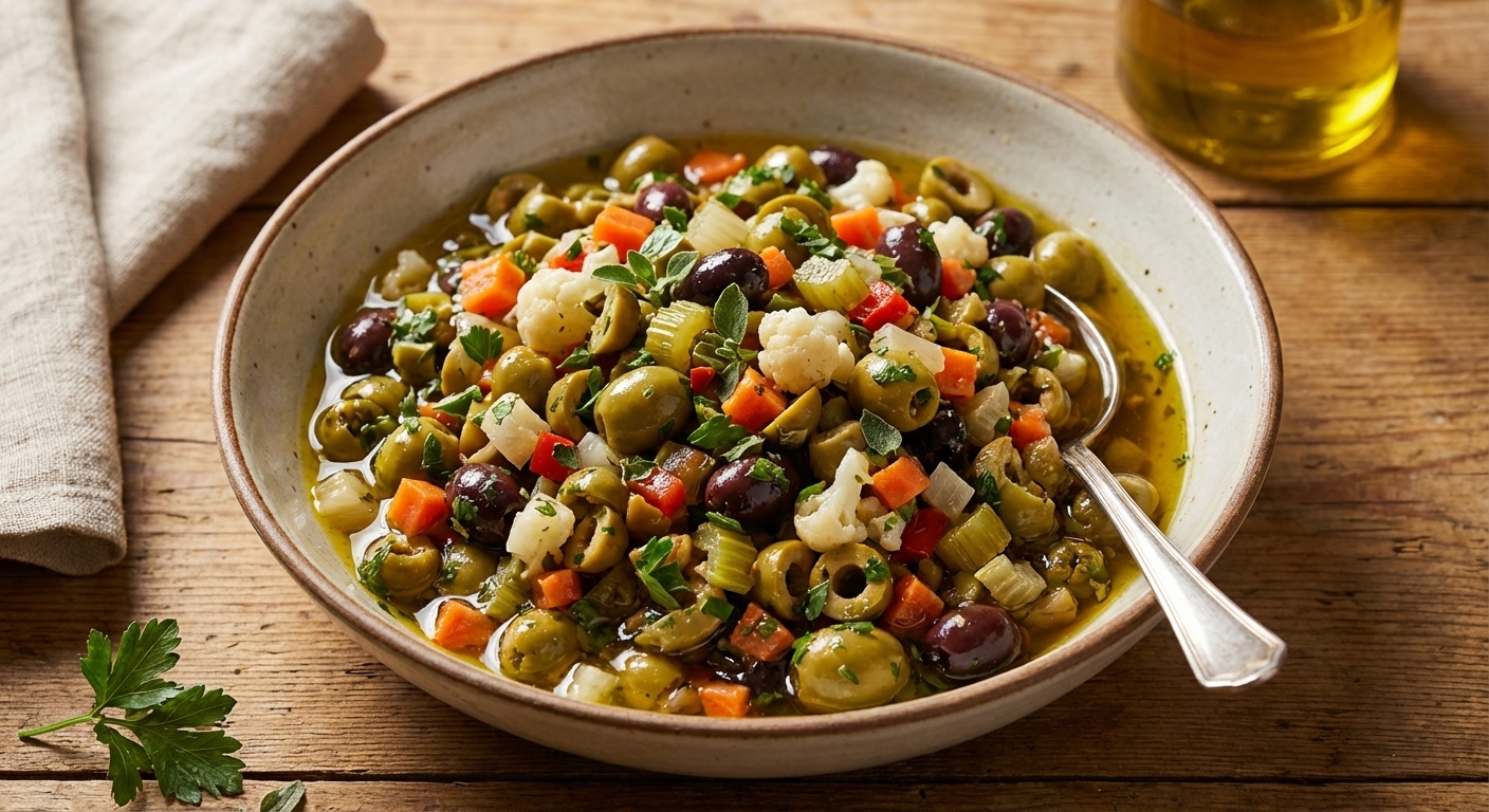 A real photograph of glossy olive salad in a bowl, showing finely chopped olives, giardiniera, herbs, and olive oil